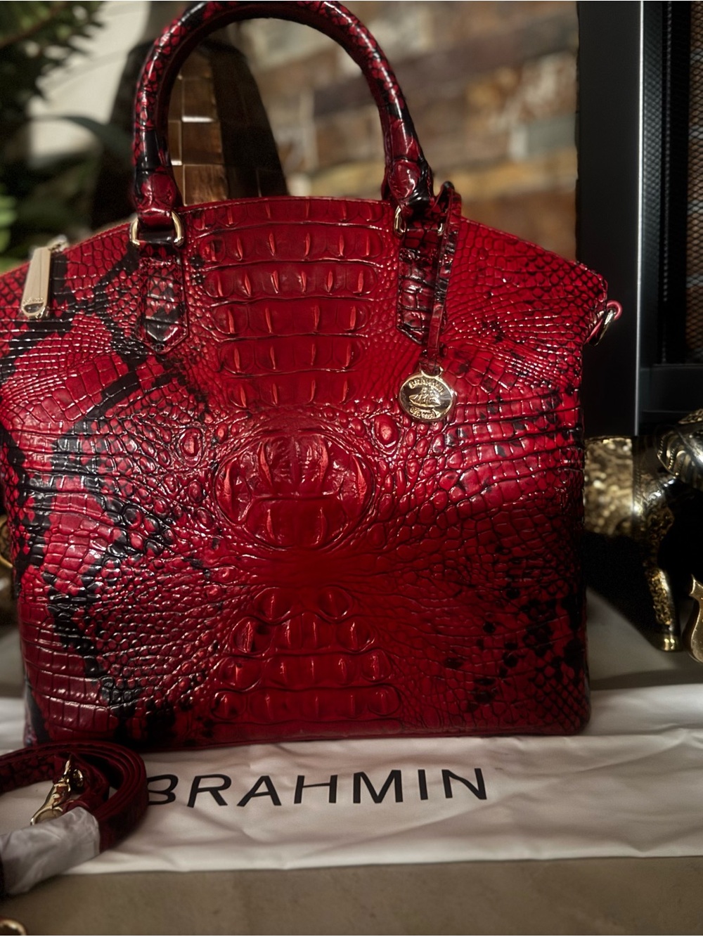 Brahmin Red and Black Croc-Embossed Satchel. Approx: 14.2" W X 12" H X 5" D - Picture 4 of 7